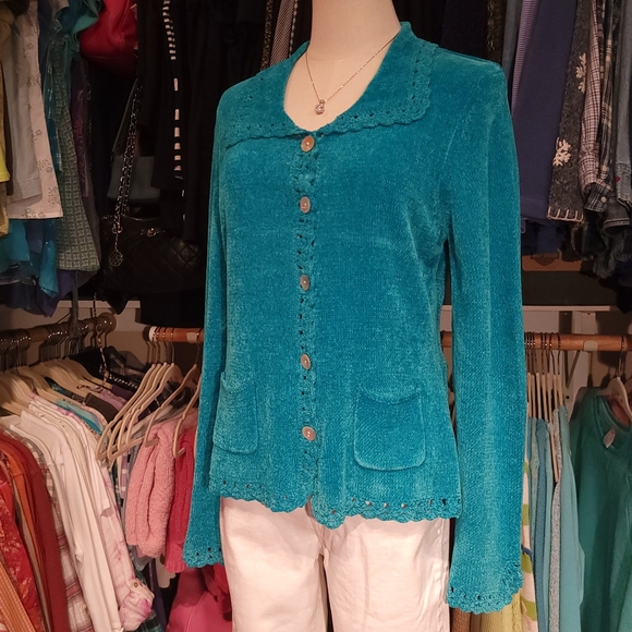 MARK, FORE & STRIKE ♡ Gorgeous Teal Soft Chenille Crochet Knit Button Cardigan M - Picture 3 of 15